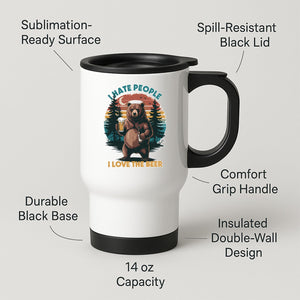 beer-loving bear travel mug on a wooden slice with white pom-poms