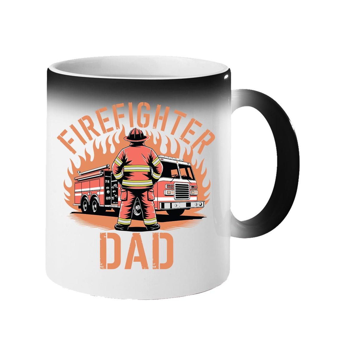Colour changing mug revealing a firefighter and fire engine in front of flames with “Firefighter Dad”
