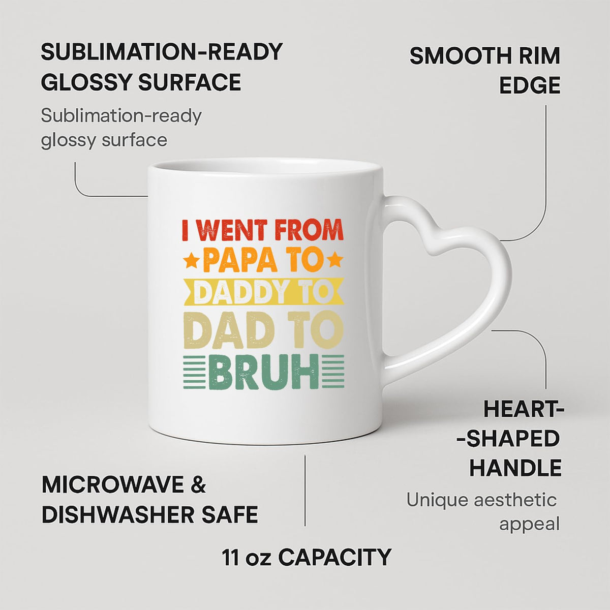 Heart-handle mug with labels for 11oz capacity, glossy surface and heart-shaped handle