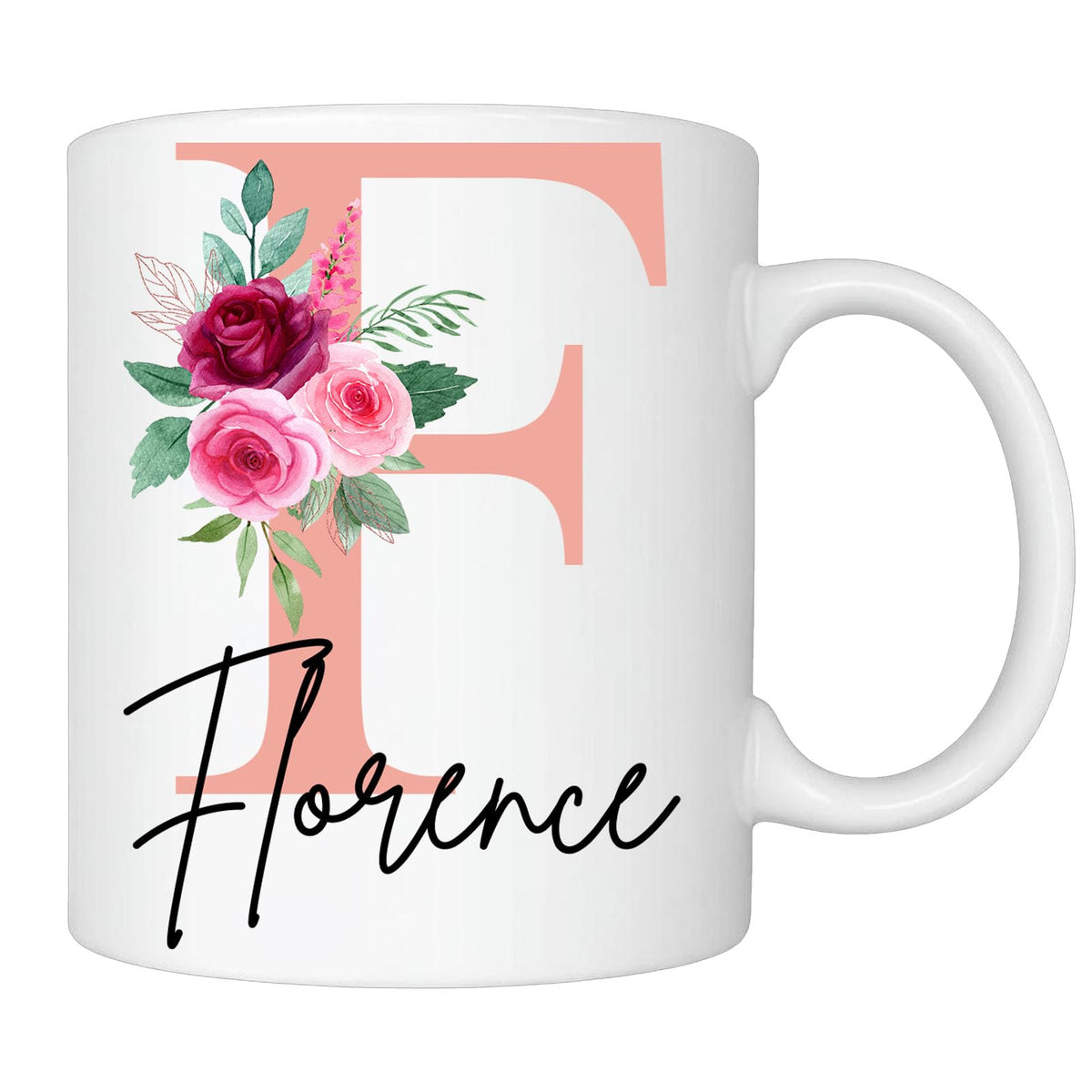 White mug with a blush pink F initial, roses and the name Florence