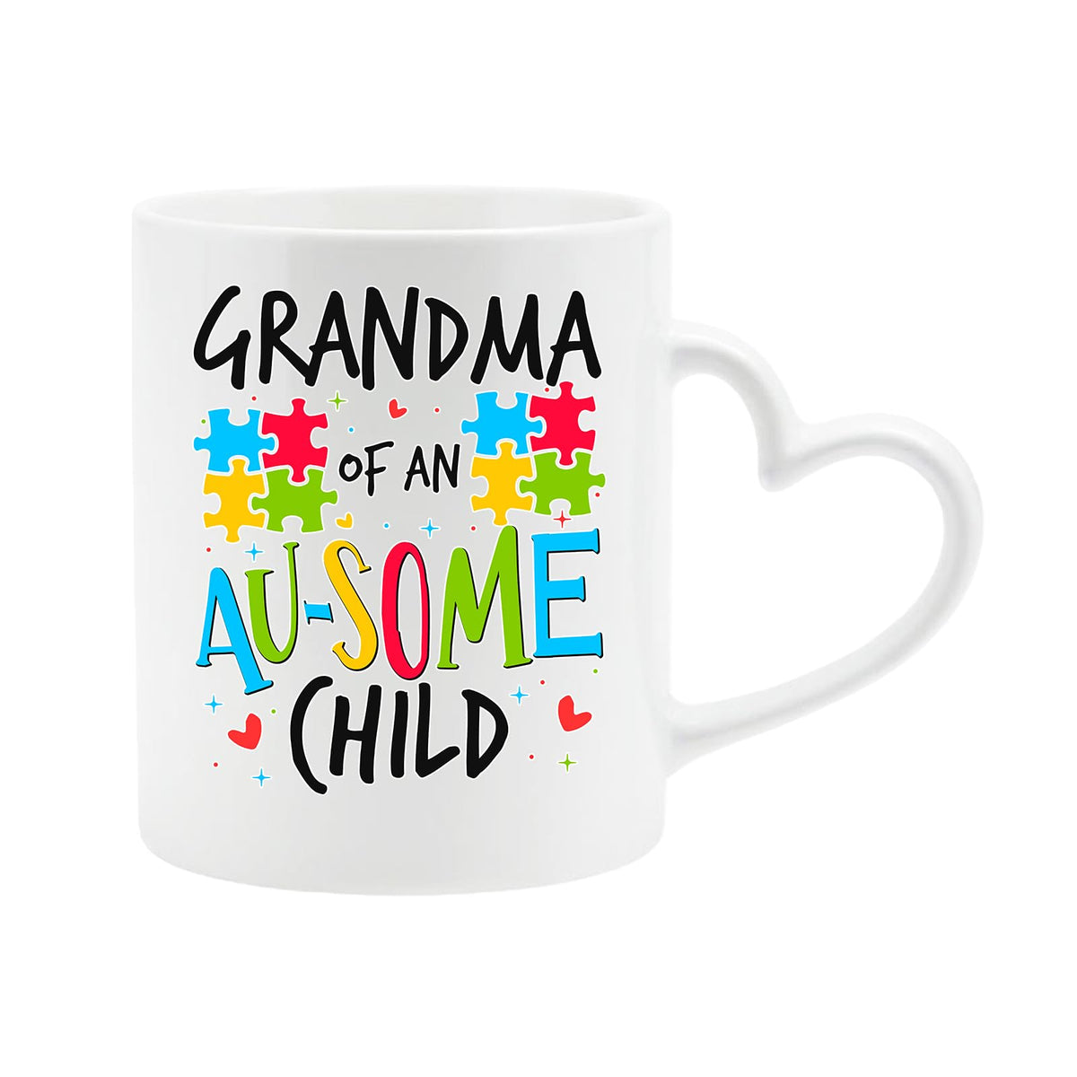 White heart-handle mug with “Grandma of an AU-SOME child” with colourful puzzle pieces