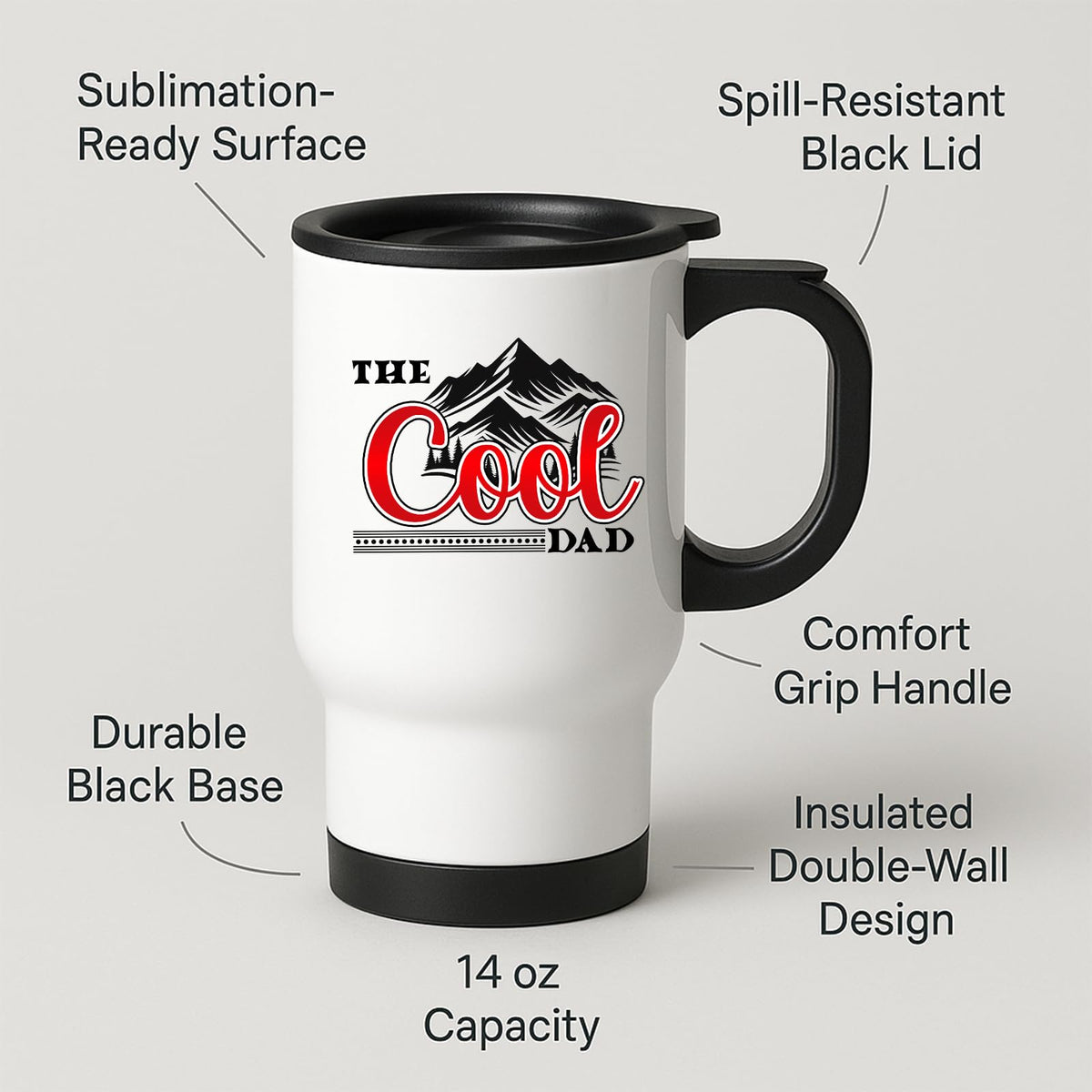Travel mug with labels for spill-resistant lid, insulated double wall and 14oz capacity