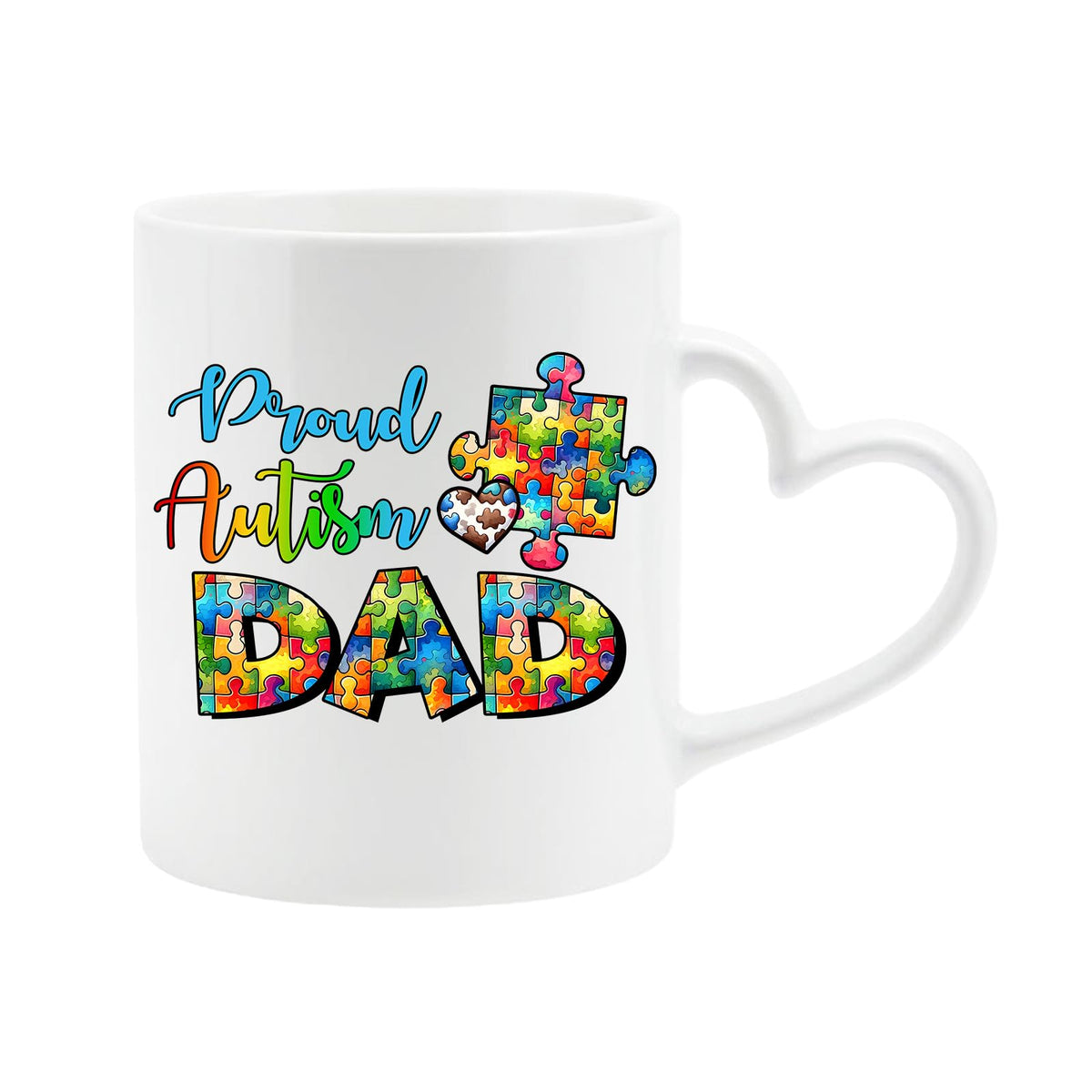 White heart-handle mug with “Proud Autism Dad” with letters filled with colourful puzzle pieces