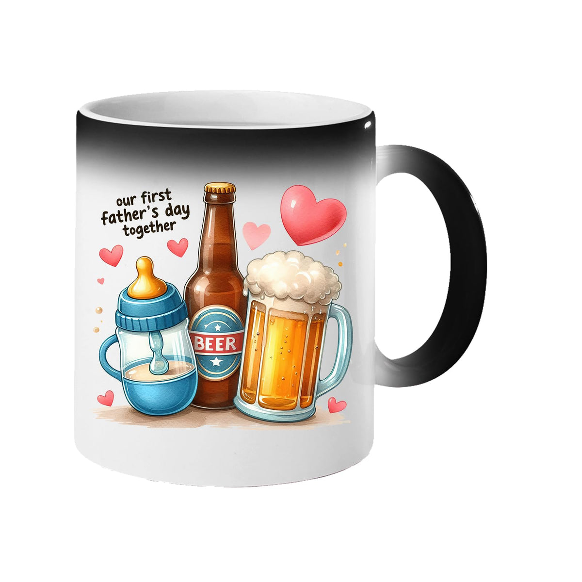 Colour changing mug revealing a baby bottle, a beer bottle and a frothy pint with hearts and “Our first Father’s Day together”