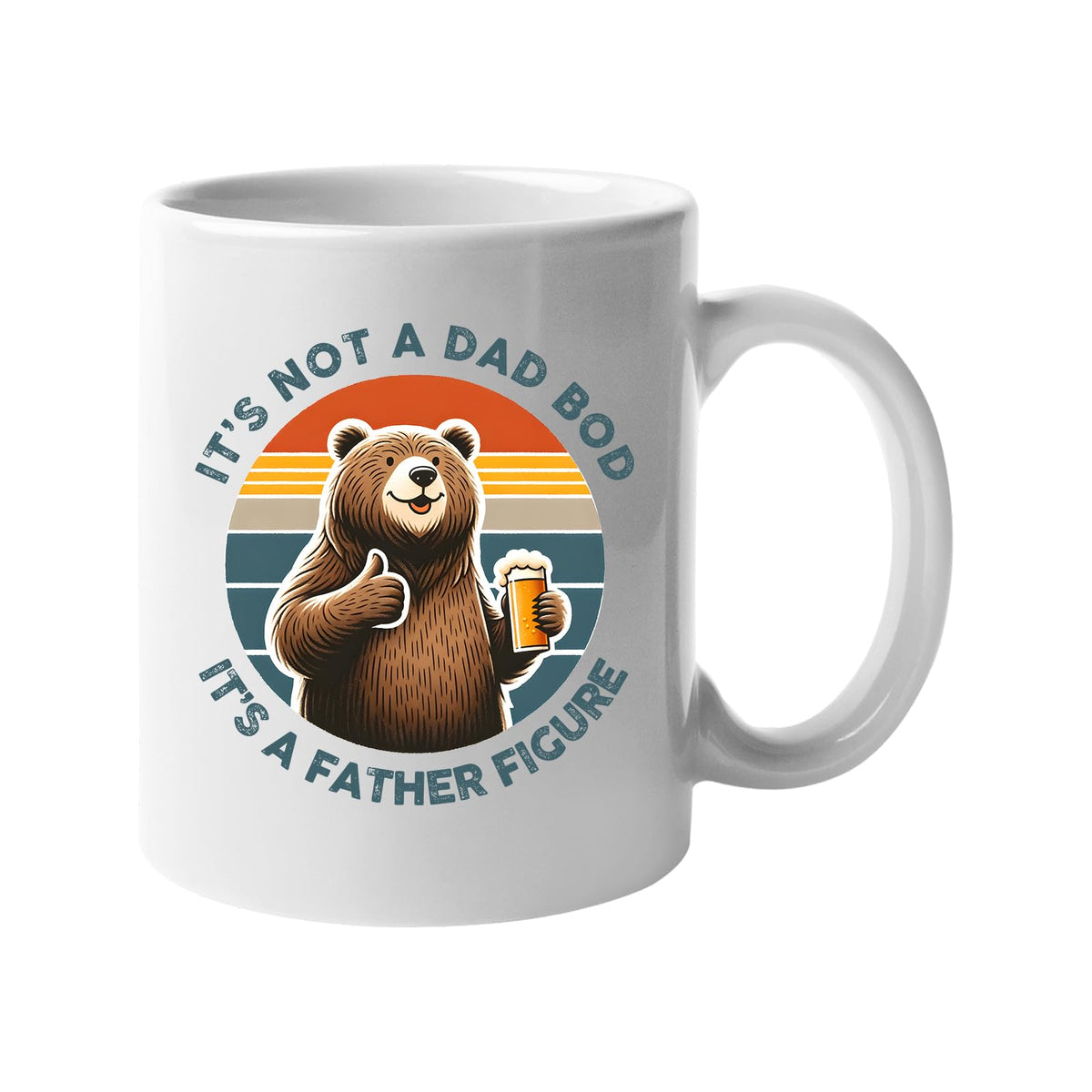 White mug with a thumbs-up bear with a beer on a retro sunset and “It’s not a dad bod, it’s a father figure”