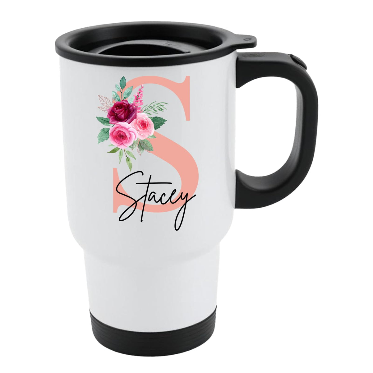 White travel mug with a blush pink initial with roses and an example name