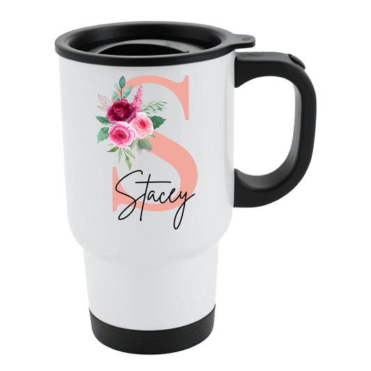 White travel mug with a blush pink initial with roses and an example name