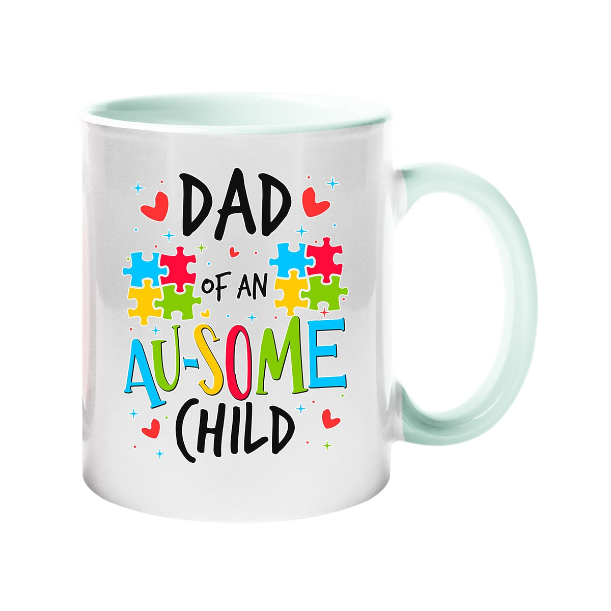 Colour handle mug with “Dad of an AU-SOME child” with colourful puzzle pieces and hearts – lime handle and inside