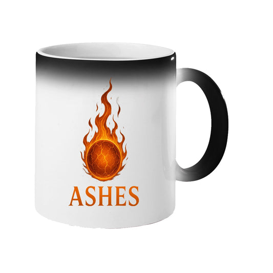 Colour changing mug turning from black to show a flaming cricket ball and ASHES