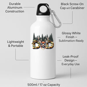 White aluminium water bottle with camo “DAD” letters with a stag’s head and pine forest