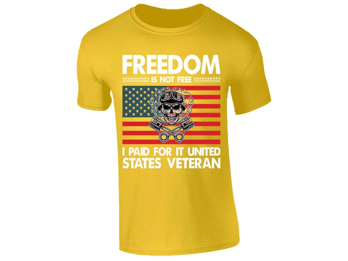 Yellow men's T-shirt with “Freedom is not free – United States Veteran” flag design