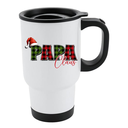 White travel mug with black lid and “Papa” in red and green plaid with a Santa hat and “Claus” in script