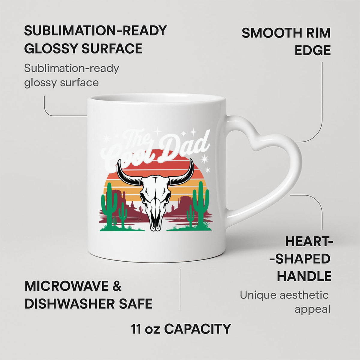 Heart-handle mug with labels for 11oz capacity, glossy surface and heart-shaped handle