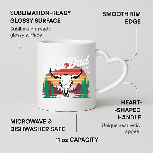 Heart-handle mug with labels for 11oz capacity, glossy surface and heart-shaped handle