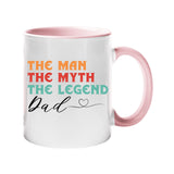 Colour handle mug with “The man, the myth, the legend” in retro colours signed “Dad” with a heart – light pink handle and inside