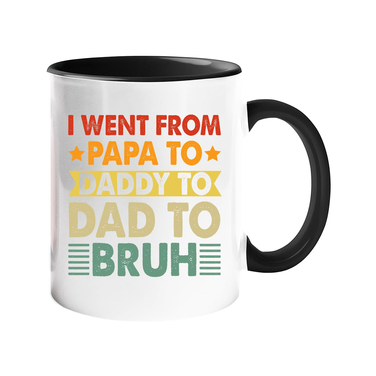 Colour handle mug with “I went from Papa to Daddy to Dad to Bruh” in retro lettering – black handle and inside