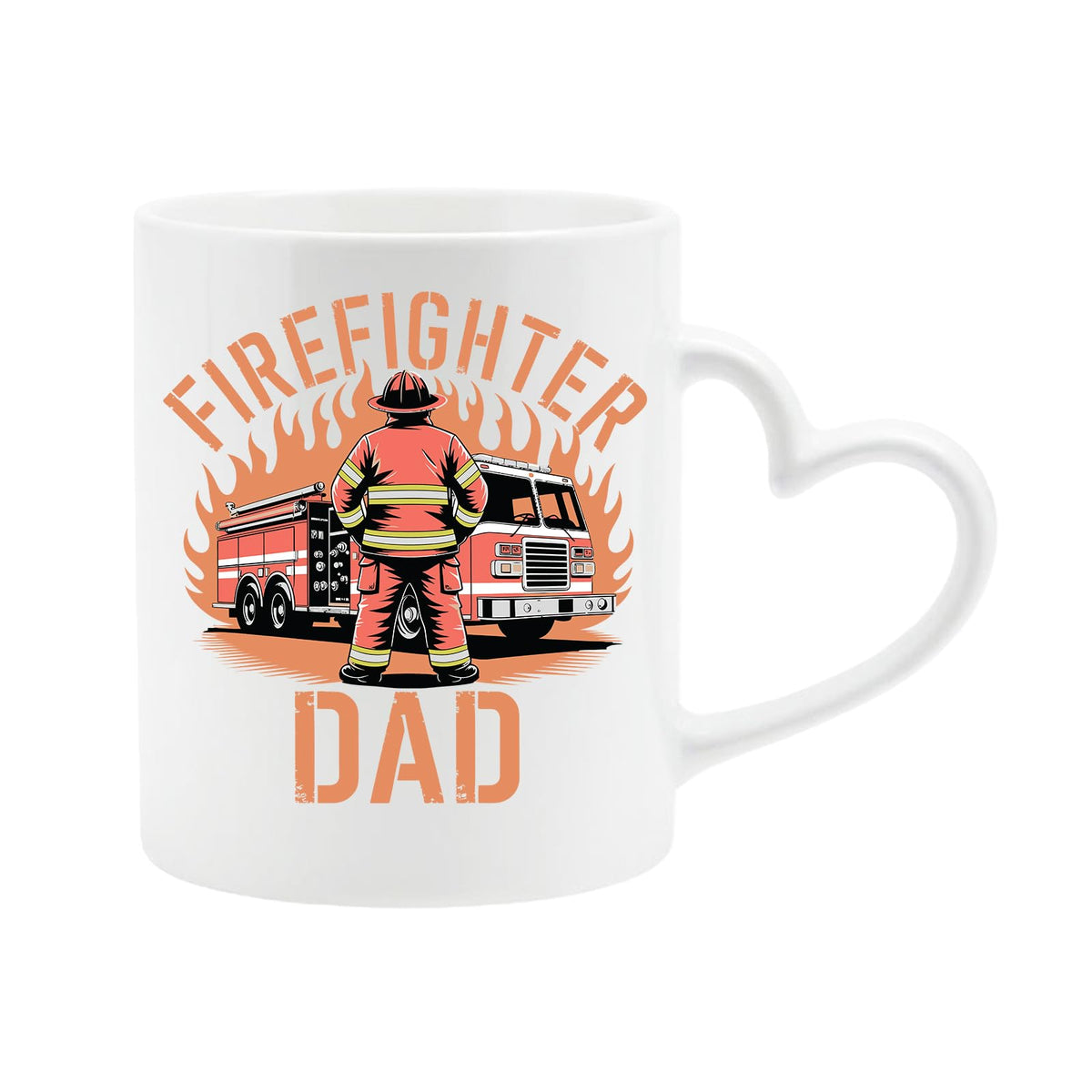 White heart-handle mug with a firefighter and fire engine in front of flames with “Firefighter Dad”
