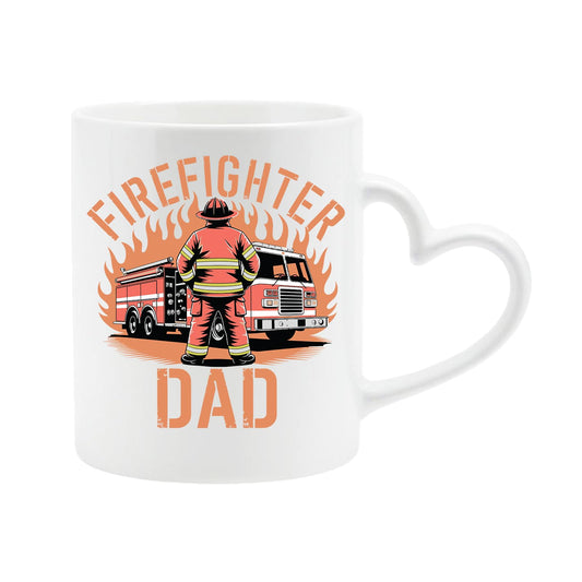 White heart-handle mug with a firefighter and fire engine in front of flames with “Firefighter Dad”