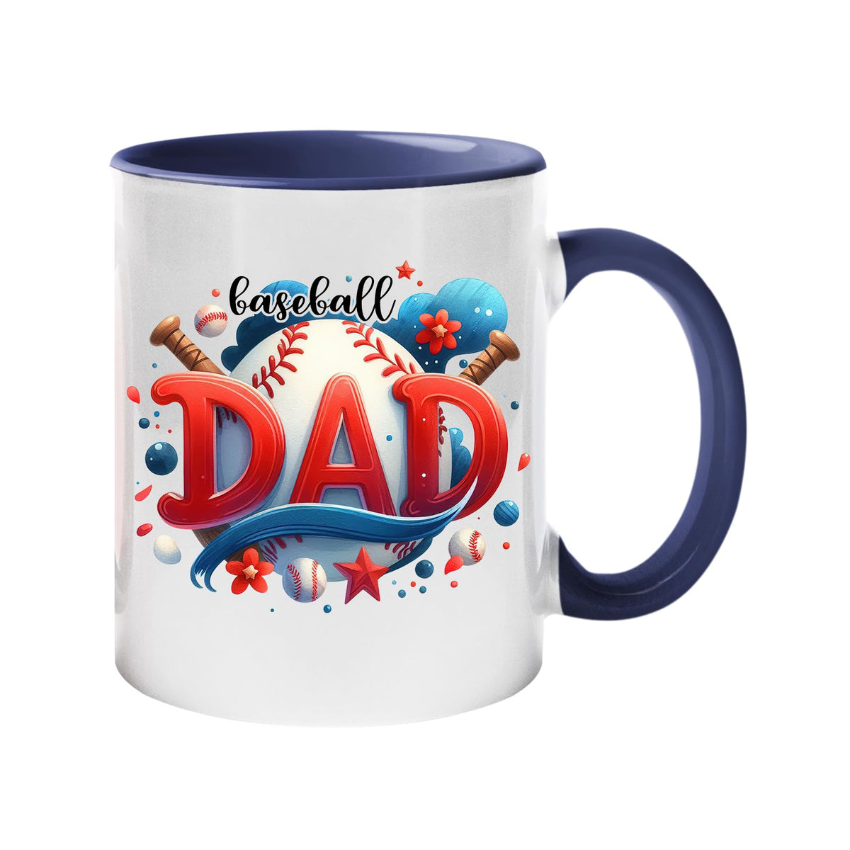 Colour handle mug with “Baseball DAD” in bold red letters with a baseball and bats – dark blue handle and inside