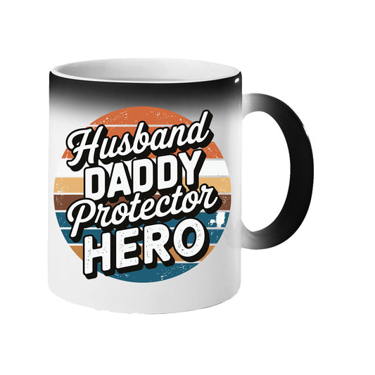 Colour changing mug revealing “Husband, Daddy, Protector, Hero” over a retro sunset circle