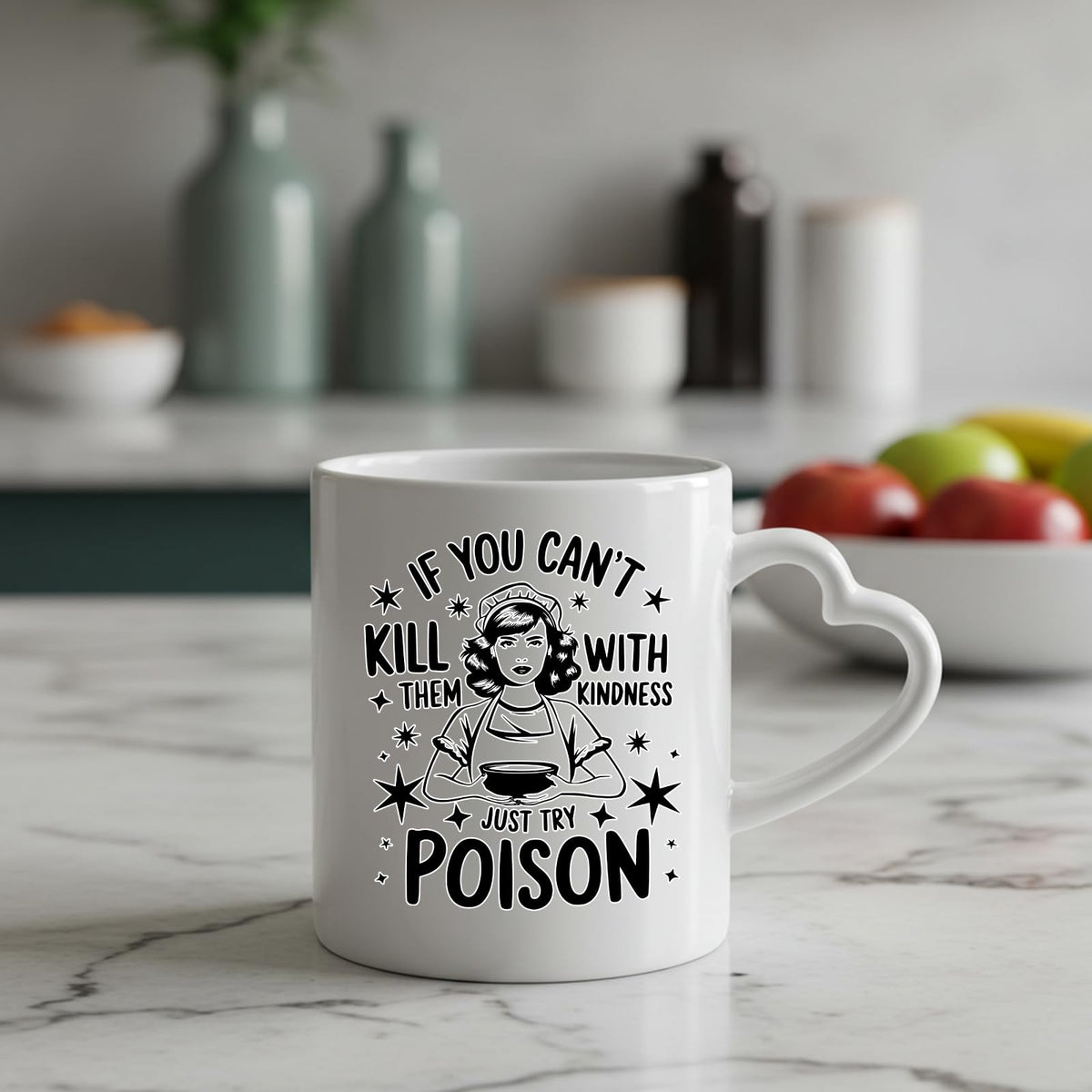 Just Try Poison heart-handle mug on a marble counter with fruit