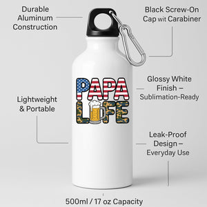 White aluminium water bottle with “Papa” in stars and stripes over camo “Life” with a frothy beer