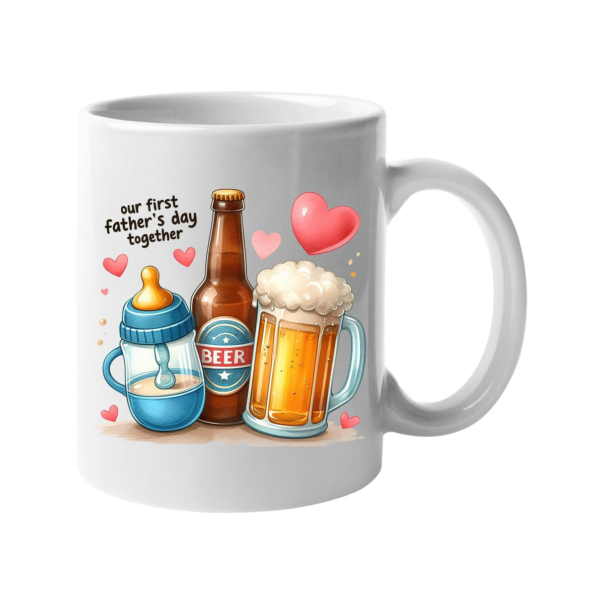 White mug with a baby bottle, a beer bottle and a frothy pint with hearts and “Our first Father’s Day together”