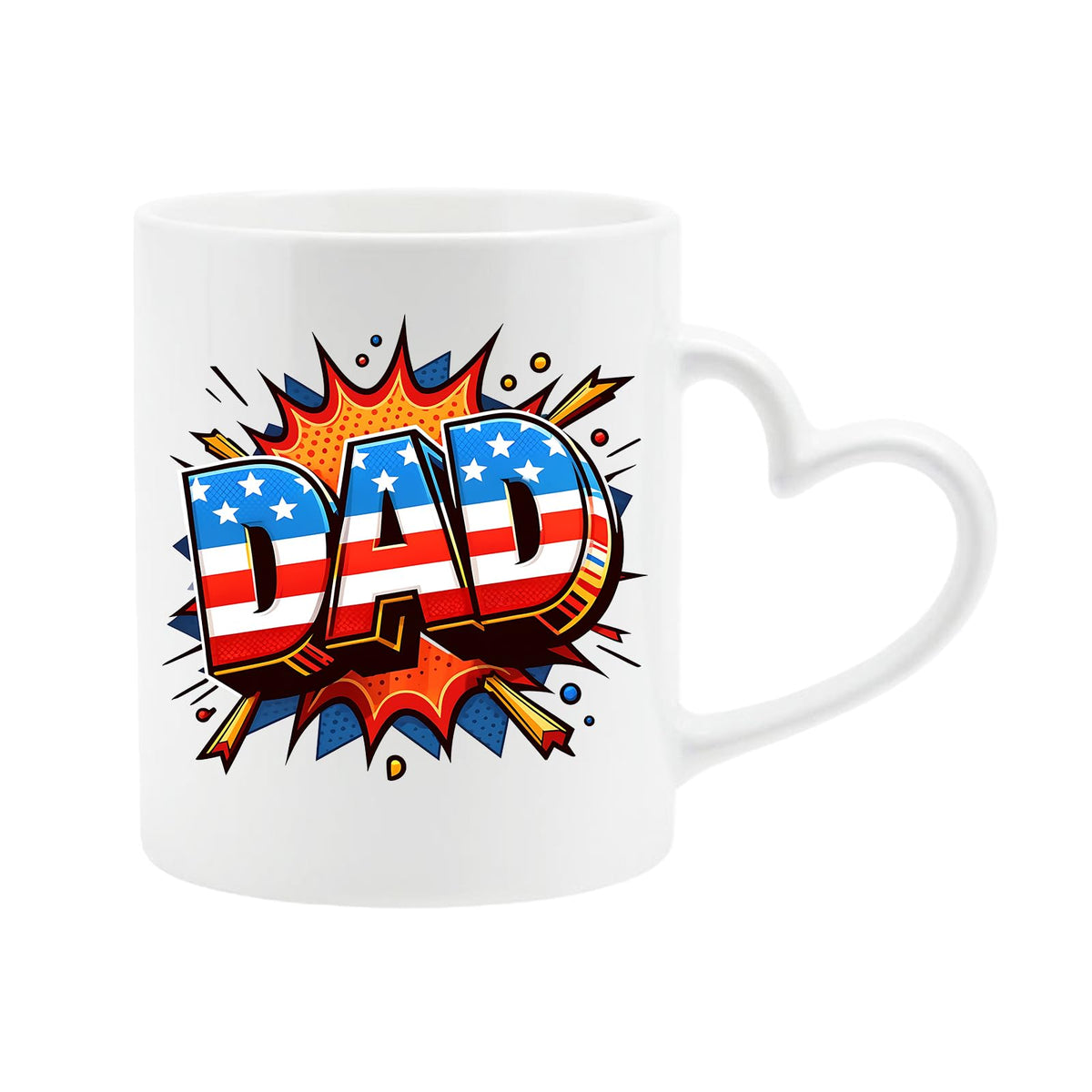White heart-handle mug with a comic-style “DAD” in stars and stripes on a starburst
