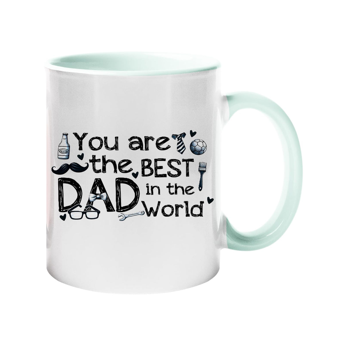 Colour handle mug with “You are the best Dad in the world” with hand-drawn dad icons – lime handle and inside