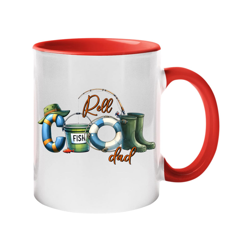 Colour handle mug with “Reel COOL Dad” spelled out with a bucket hat, bait tin, float and wellies – red handle and inside