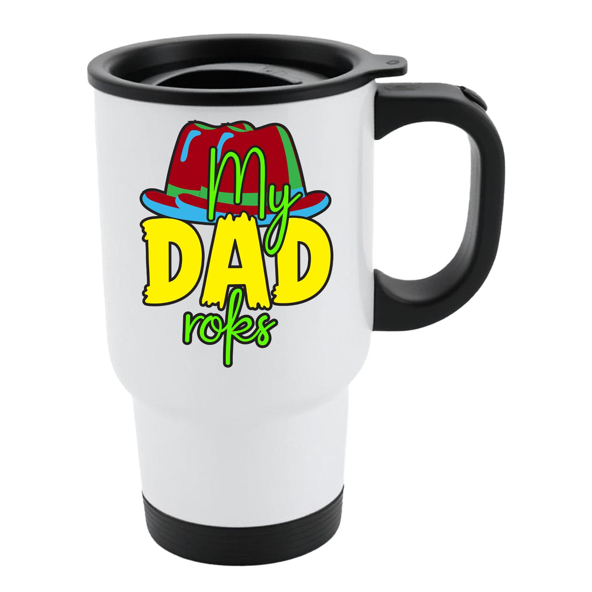 White travel mug with the colourful My Dad Rocks hat design