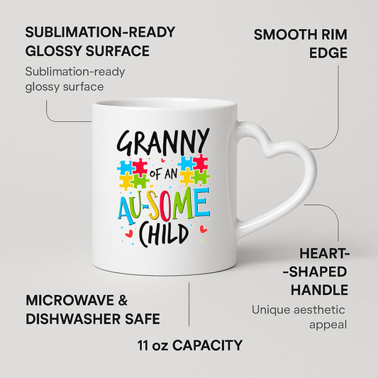 Heart-handle mug with labels for 11oz capacity, glossy surface and heart-shaped handle