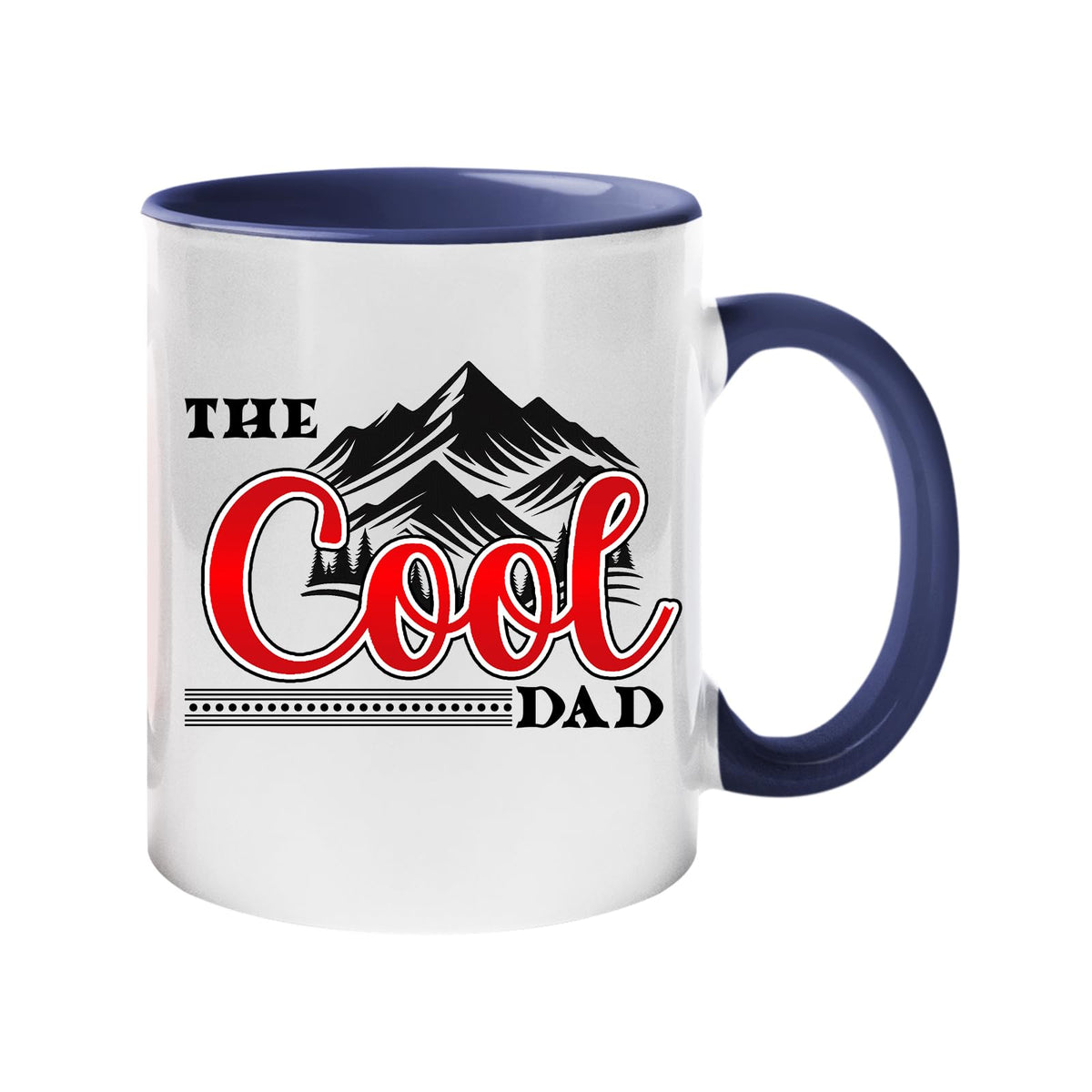 Colour handle mug with “The Cool Dad” in red script under black mountain peaks – dark blue handle and inside