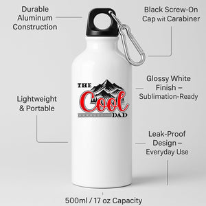 White aluminium water bottle with “The Cool Dad” in red script under black mountain peaks