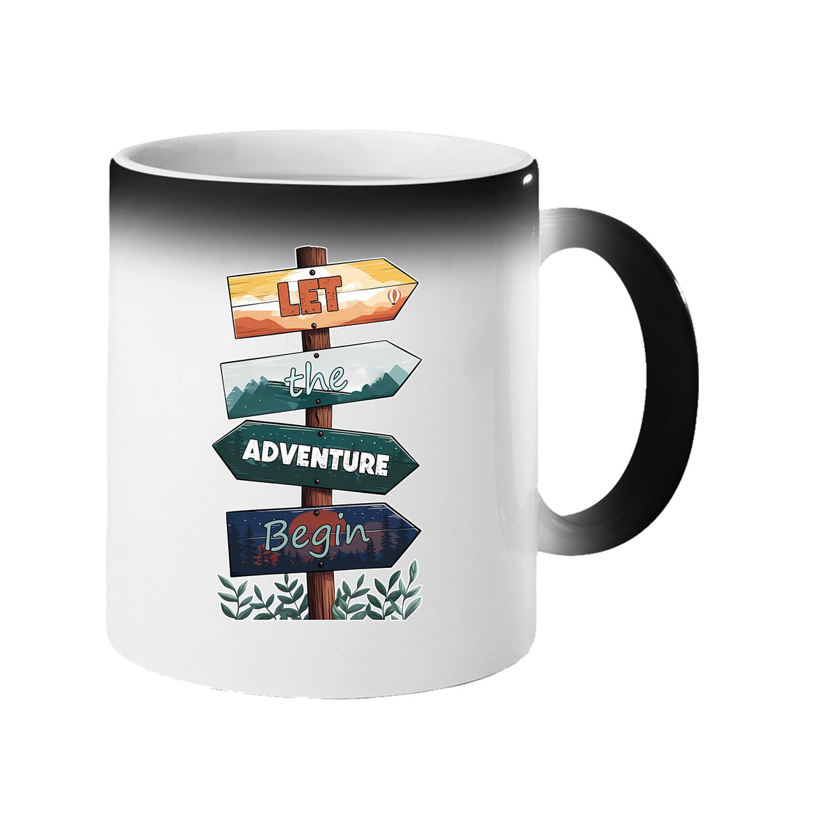 Colour changing mug revealing wooden signposts spelling out “Let the adventure begin”