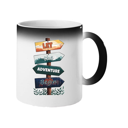 Colour changing mug revealing wooden signposts spelling out “Let the adventure begin”
