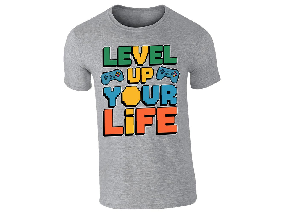 Heather Grey men's T-shirt with “Level up your life” controller design