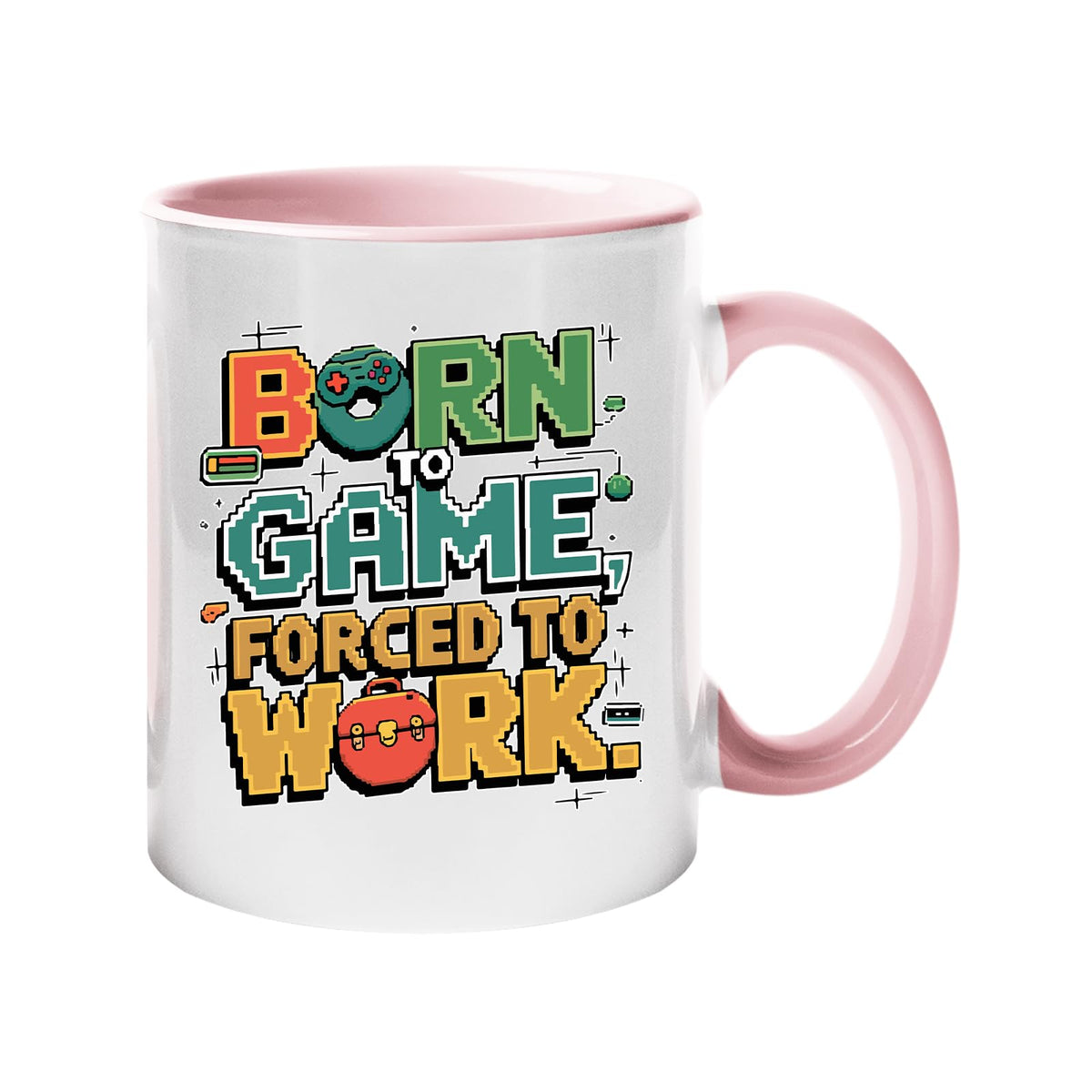 Colour handle mug with “Born to game, forced to work” in colourful arcade lettering – light pink handle and inside