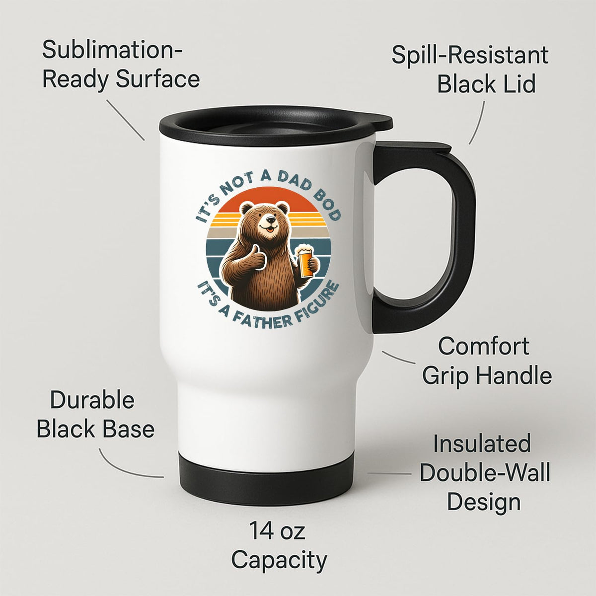 Travel mug with labels for spill-resistant lid, insulated double wall and 14oz capacity