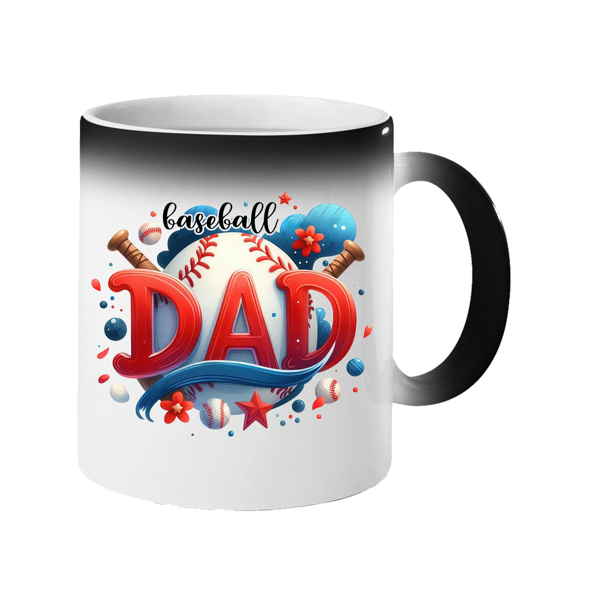 Colour changing mug revealing “Baseball DAD” in bold red letters with a baseball and bats