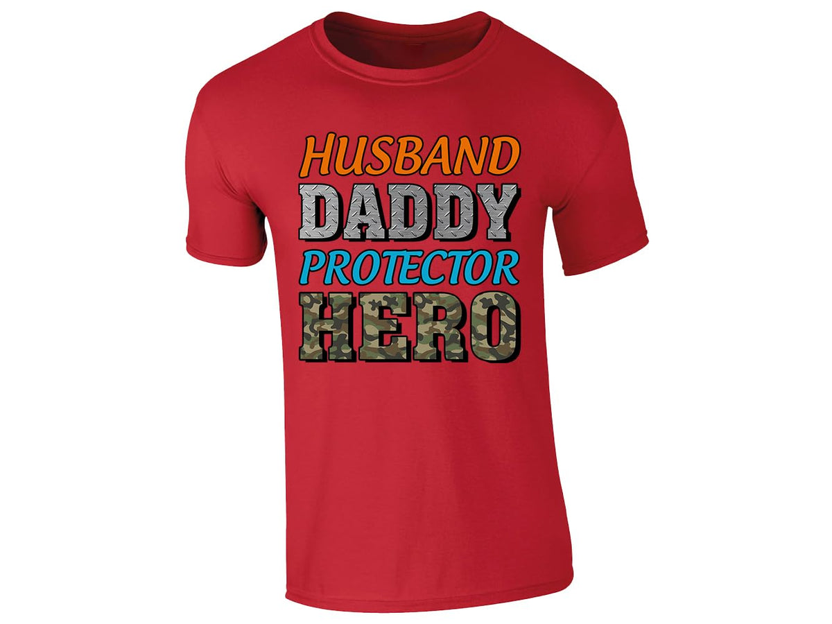 Red men's T-shirt with “Husband, Daddy, Protector, Hero” camo lettering design