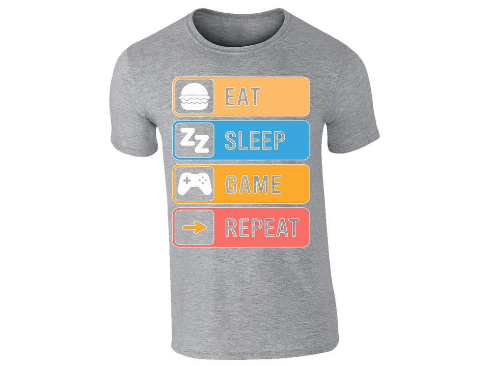 Heather Grey men's T-shirt with “Eat Sleep Game Repeat” icon design