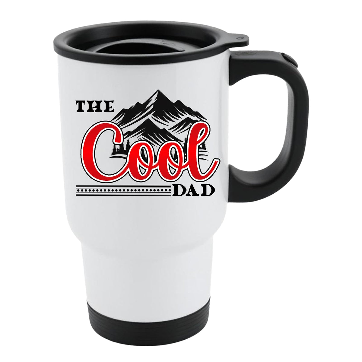 White travel mug with black lid and “The Cool Dad” in red script under black mountain peaks