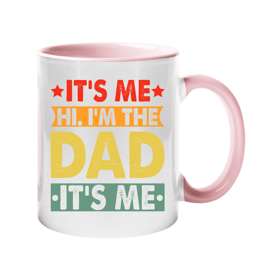 Colour handle mug with “It’s me, hi, I’m the dad, it’s me” in retro coloured banners – light pink handle and inside