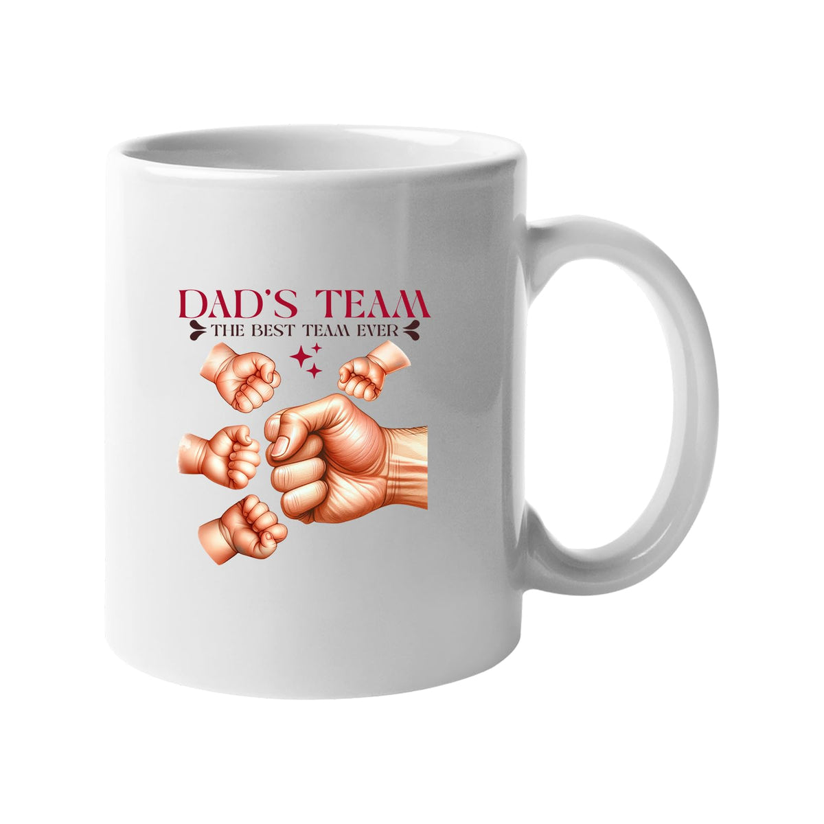 White mug with “Dad’s Team – the best team ever” with a big fist bumping little fists