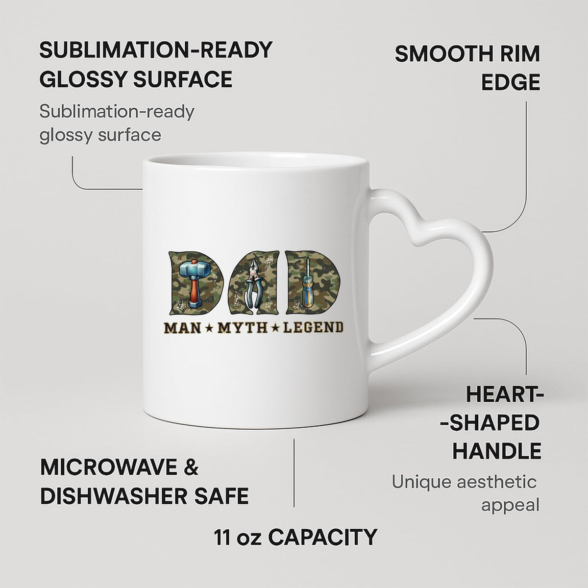 Heart-handle mug with labels for 11oz capacity, glossy surface and heart-shaped handle