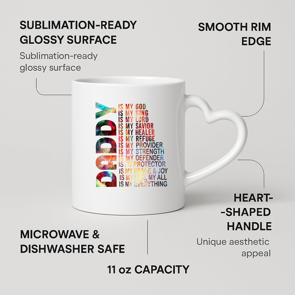 Heart-handle mug with labels for 11oz capacity, glossy surface and heart-shaped handle