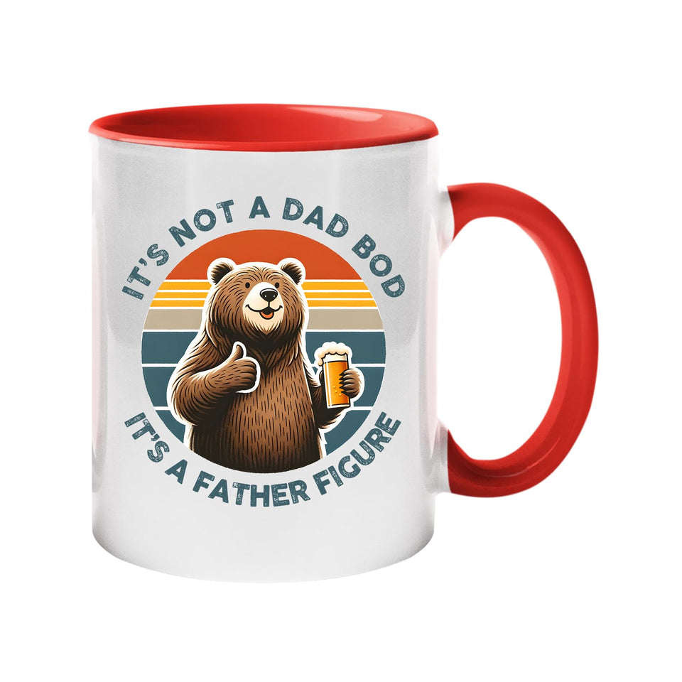 Colour handle mug with a thumbs-up bear with a beer on a retro sunset and “It’s not a dad bod, it’s a father figure” – red handle and inside