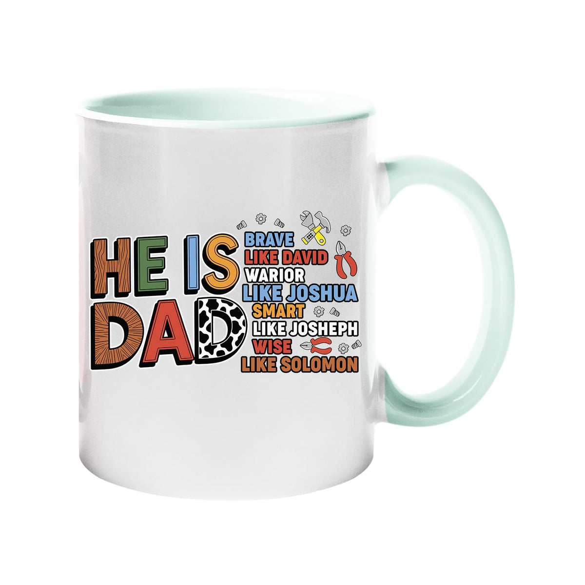 Lime handle mug with the He Is Dad Bible verse design