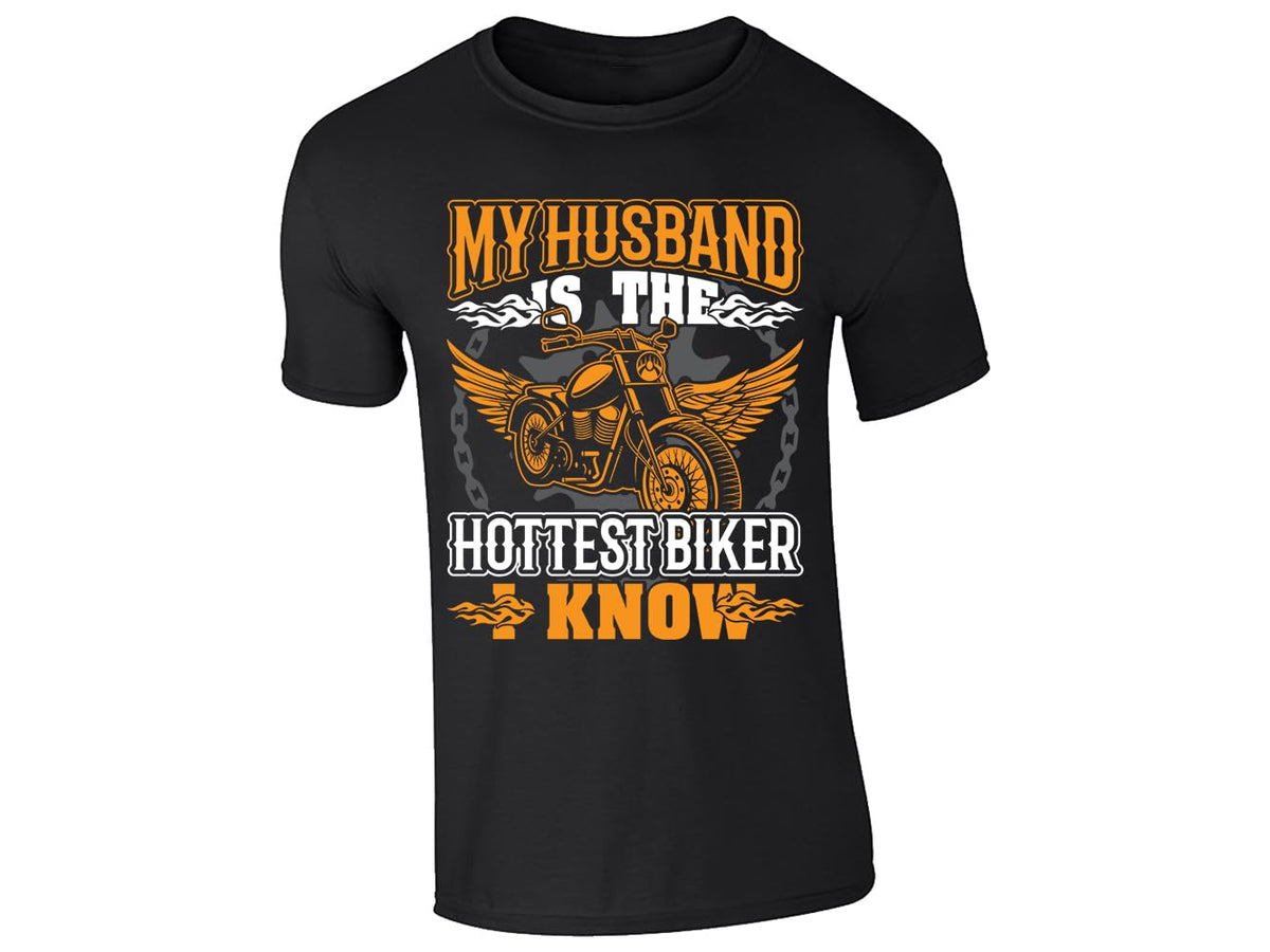 Black men's T-shirt with “My husband is the hottest biker I know” winged motorcycle design